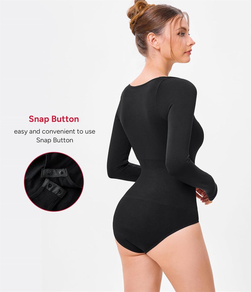Nebility Long Sleeve Bodysuit for Women Tummy Control Crew Neck Body Suits Tops Slim Fit - Image 2